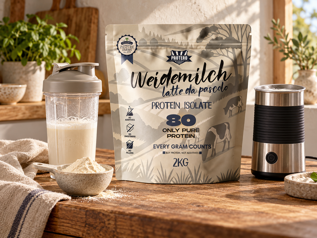 Weidemilch Protein 2 kg mit Milchaufschäumer und Shaker