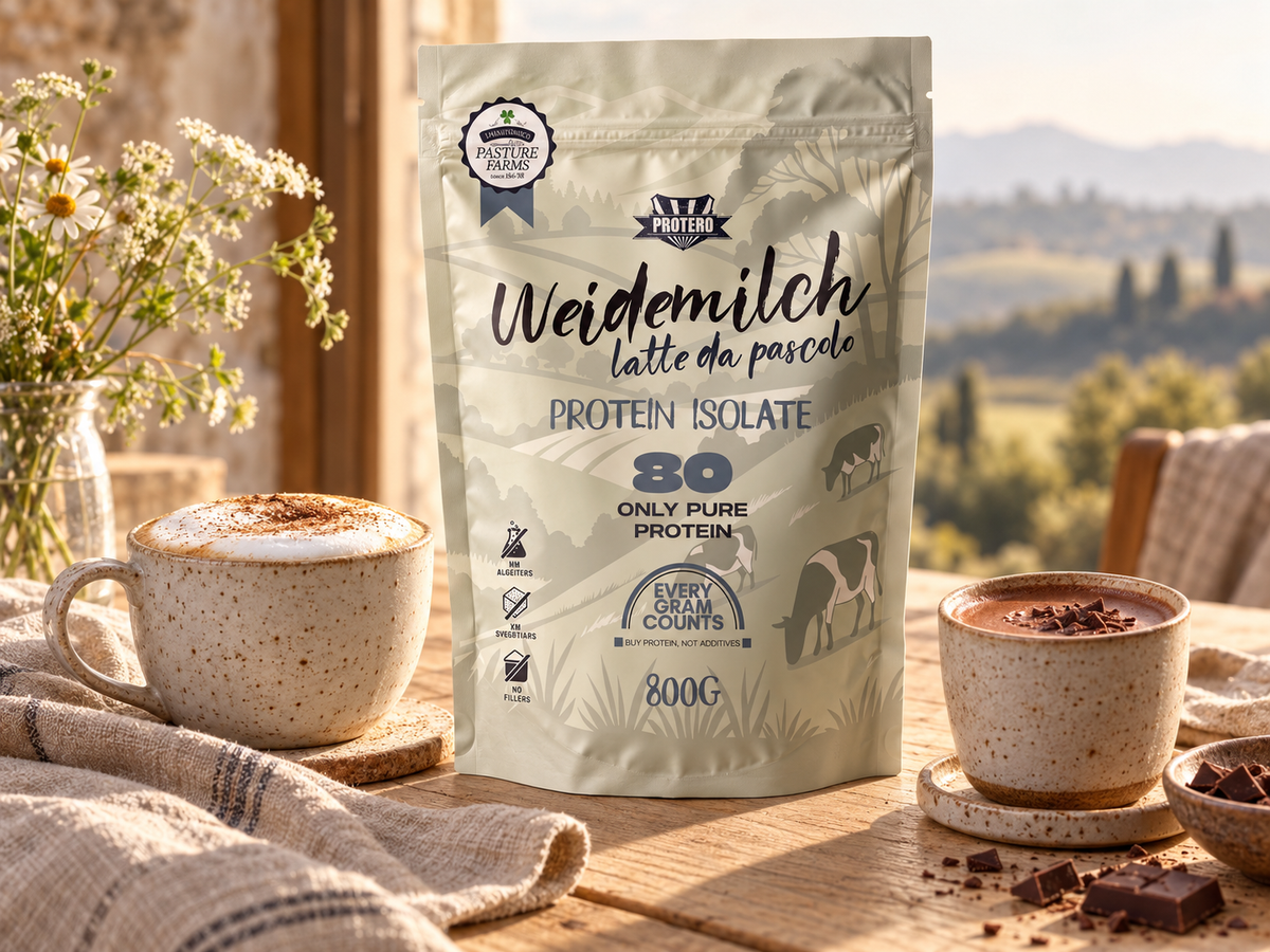 Weidemilch Protein 800 g mit Milchschaumkaffee und heißer Schokolade